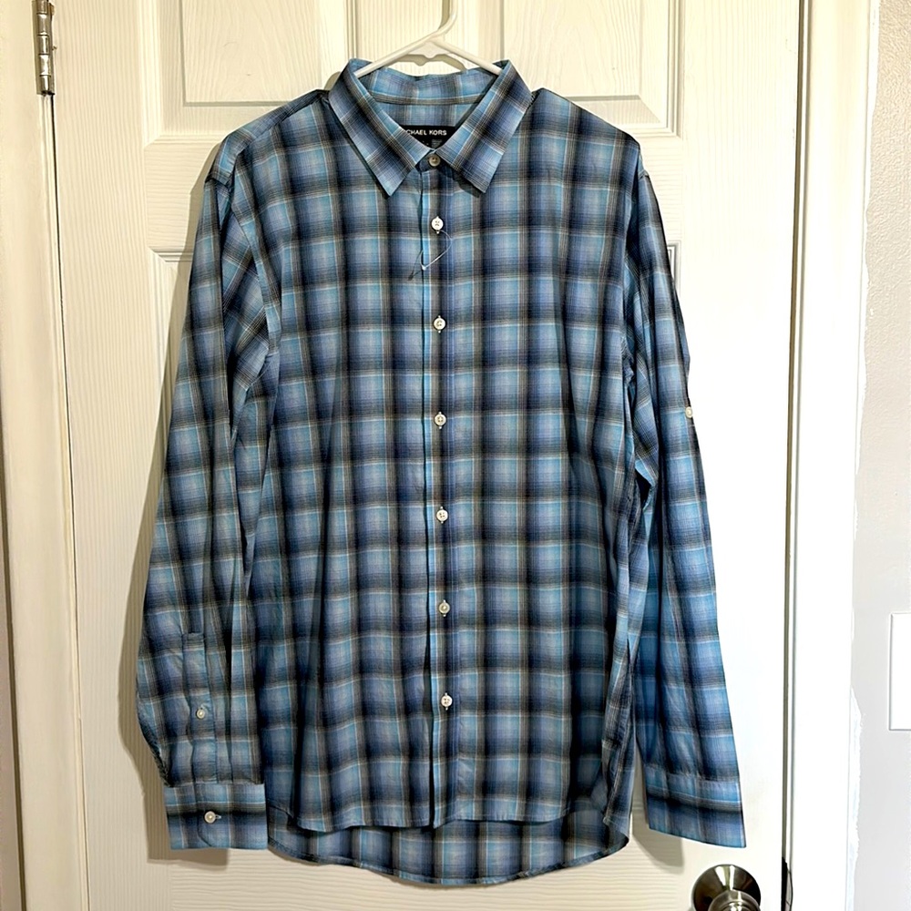 Men’s Michael Kors Plaid Button Down Long Roll Tab Sleeve Shirt Sz L